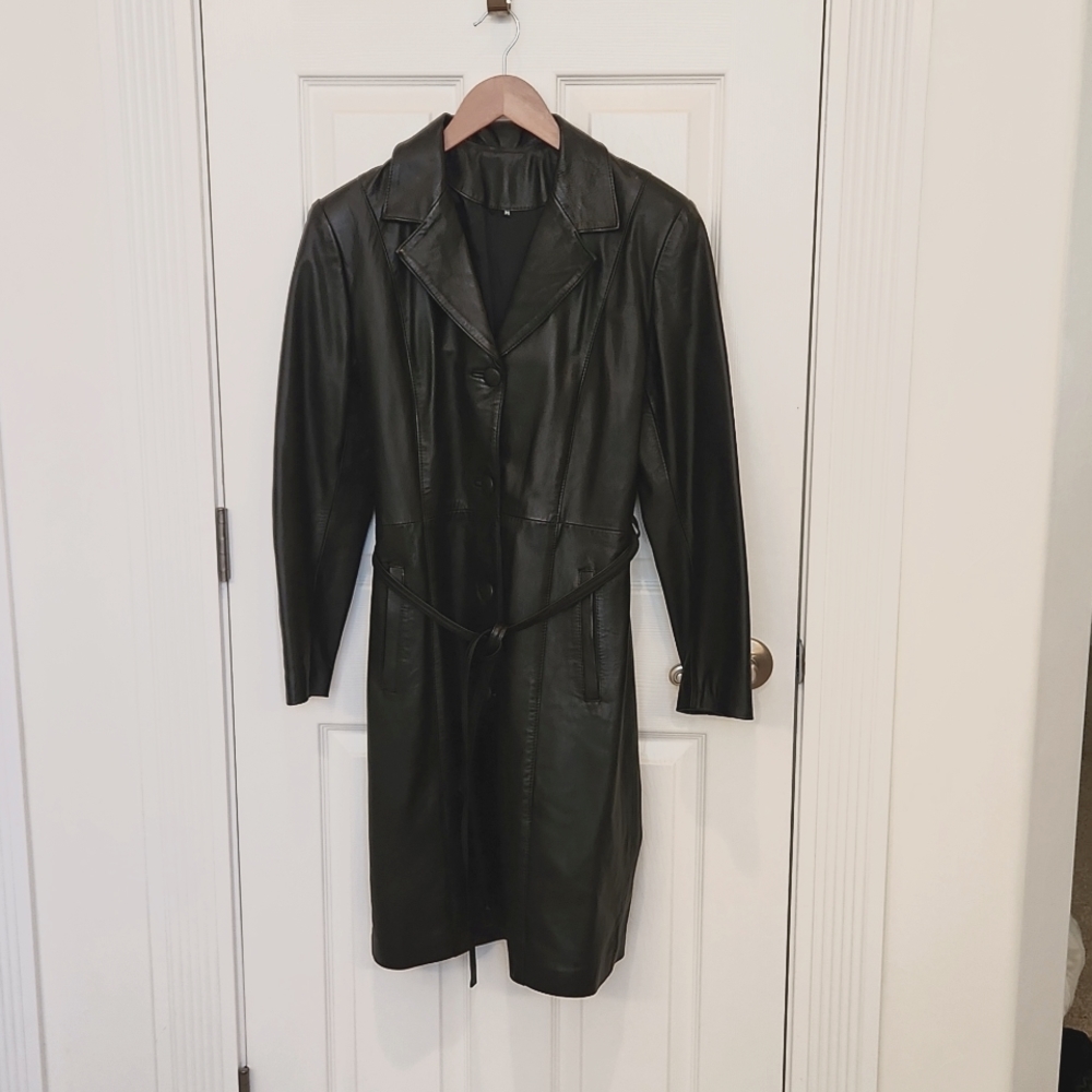 Full length black leather coat size M